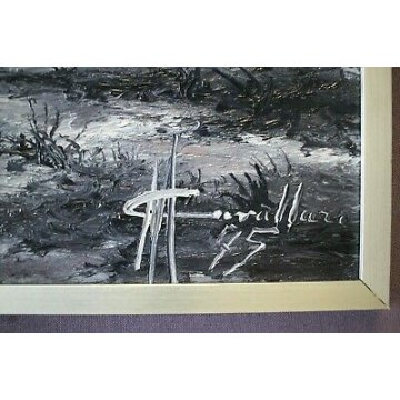 QUADRO DIPINTO OLIO TELA Massimo Cavallari SULLA RIVA PAESAGGIO BARCA NEBBIA '75