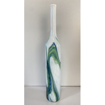 VASO BOTTIGLIA VETRO ARTISTICO Murano BIANCO STRIATURE  VERDE BLU 50 cm/h ca '60