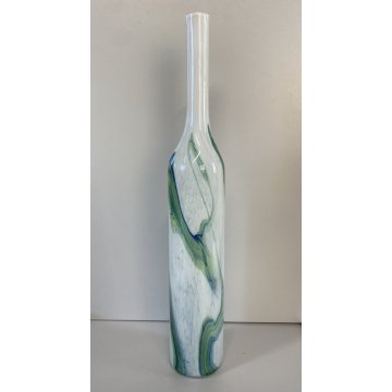 VASO BOTTIGLIA VETRO ARTISTICO Murano BIANCO STRIATURE  VERDE BLU 50 cm/h ca '60