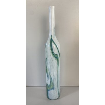 VASO BOTTIGLIA VETRO ARTISTICO Murano BIANCO STRIATURE  VERDE BLU 50 cm/h ca '60