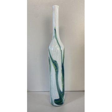 VASO BOTTIGLIA VETRO ARTISTICO Murano BIANCO STRIATURE  VERDE BLU 50 cm/h ca '60