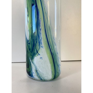 VASO BOTTIGLIA VETRO ARTISTICO Murano BIANCO STRIATURE  VERDE BLU 50 cm/h ca '60