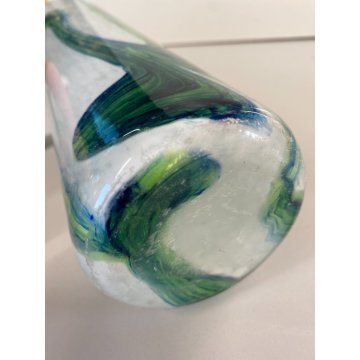 VASO BOTTIGLIA VETRO ARTISTICO Murano BIANCO STRIATURE  VERDE BLU 50 cm/h ca '60