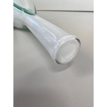 VASO BOTTIGLIA VETRO ARTISTICO Murano BIANCO STRIATURE  VERDE BLU 50 cm/h ca '60