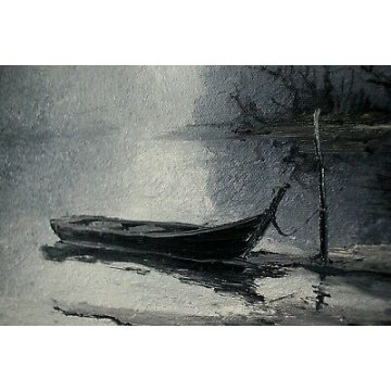 QUADRO DIPINTO OLIO TELA Massimo Cavallari SULLA RIVA PAESAGGIO BARCA NEBBIA '75