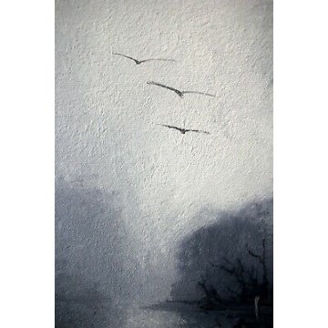 QUADRO DIPINTO OLIO TELA Massimo Cavallari SULLA RIVA PAESAGGIO BARCA NEBBIA '75