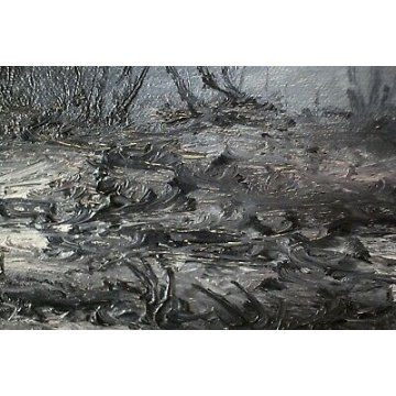 QUADRO DIPINTO OLIO TELA Massimo Cavallari SULLA RIVA PAESAGGIO BARCA NEBBIA '75