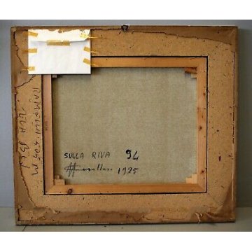 QUADRO DIPINTO OLIO TELA Massimo Cavallari SULLA RIVA PAESAGGIO BARCA NEBBIA '75