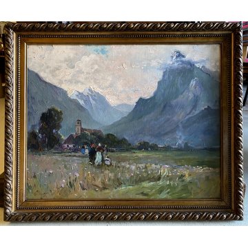 ANTICO DIPINTO OLIO De Corsi Verso la Chiesa VEDUTA PAESAGGIO MONTAGNA FIGURE