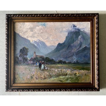 ANTICO DIPINTO OLIO De Corsi Verso la Chiesa VEDUTA PAESAGGIO MONTAGNA FIGURE