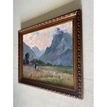 ANTICO DIPINTO OLIO De Corsi Verso la Chiesa VEDUTA PAESAGGIO MONTAGNA FIGURE