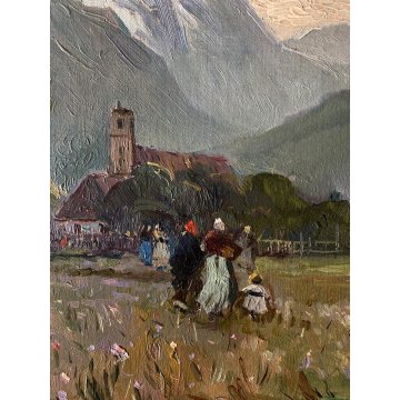 ANTICO DIPINTO OLIO De Corsi Verso la Chiesa VEDUTA PAESAGGIO MONTAGNA FIGURE