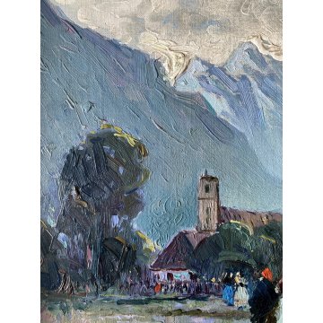 ANTICO DIPINTO OLIO De Corsi Verso la Chiesa VEDUTA PAESAGGIO MONTAGNA FIGURE