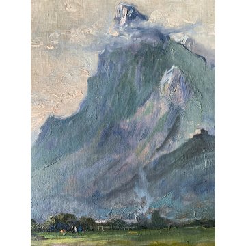 ANTICO DIPINTO OLIO De Corsi Verso la Chiesa VEDUTA PAESAGGIO MONTAGNA FIGURE