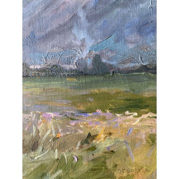 ANTICO DIPINTO OLIO De Corsi Verso la Chiesa VEDUTA PAESAGGIO MONTAGNA FIGURE