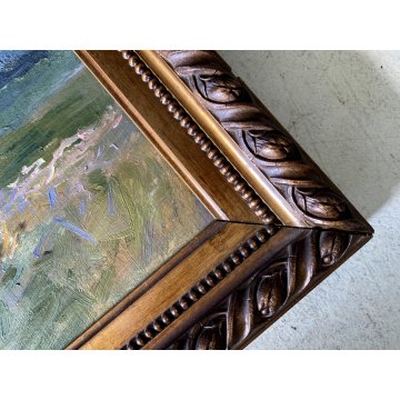 ANTICO DIPINTO OLIO De Corsi Verso la Chiesa VEDUTA PAESAGGIO MONTAGNA FIGURE