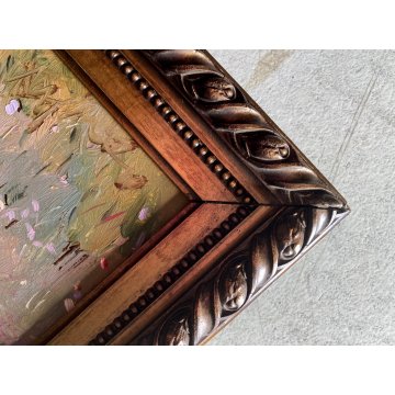 ANTICO DIPINTO OLIO De Corsi Verso la Chiesa VEDUTA PAESAGGIO MONTAGNA FIGURE