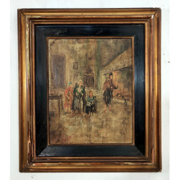 ANTICO QUADRO DIPINTO olio tavola EPOCA 900 Ampelio Lorenzo Garini SCENA INTERNO