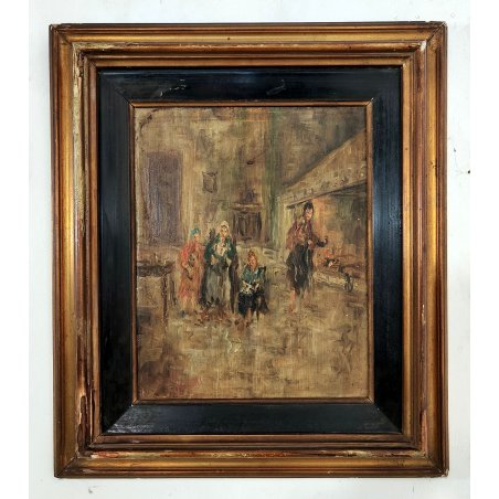 ANTICO QUADRO DIPINTO olio tavola EPOCA 900 Ampelio Lorenzo Garini SCENA INTERNO