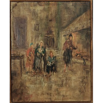 ANTICO QUADRO DIPINTO olio tavola EPOCA 900 Ampelio Lorenzo Garini SCENA INTERNO