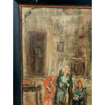 ANTICO QUADRO DIPINTO olio tavola EPOCA 900 Ampelio Lorenzo Garini SCENA INTERNO