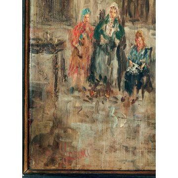 ANTICO QUADRO DIPINTO olio tavola EPOCA 900 Ampelio Lorenzo Garini SCENA INTERNO