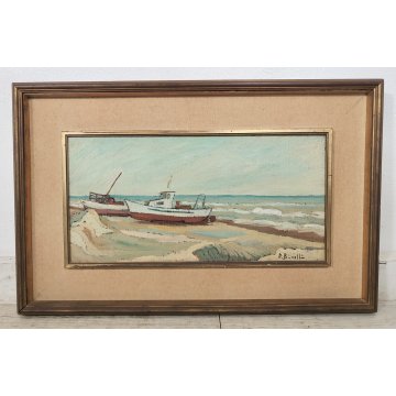 ANTICO QUADRO olio tela D. Binelli EPOCA 900 paesaggio MARINA BARCHE  PESCATORI