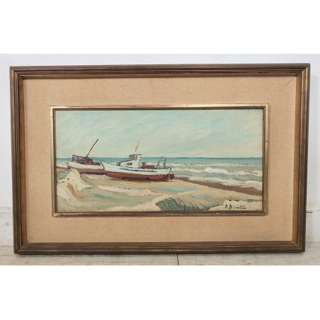 ANTICO QUADRO olio tela D. Binelli EPOCA 900 paesaggio MARINA BARCHE  PESCATORI