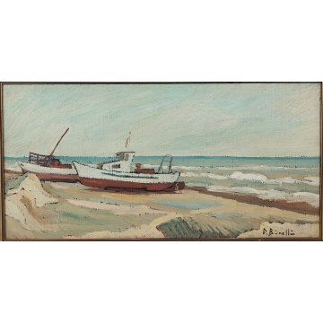 ANTICO QUADRO olio tela D. Binelli EPOCA 900 paesaggio MARINA BARCHE  PESCATORI