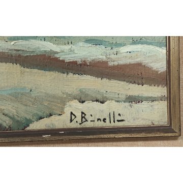 ANTICO QUADRO olio tela D. Binelli EPOCA 900 paesaggio MARINA BARCHE  PESCATORI
