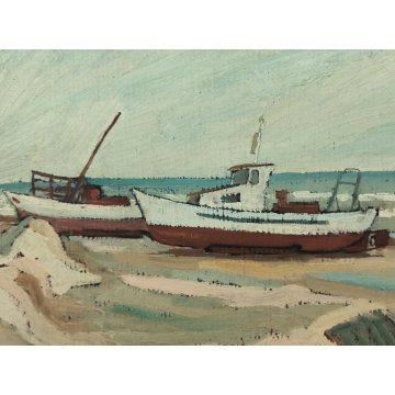 ANTICO QUADRO olio tela D. Binelli EPOCA 900 paesaggio MARINA BARCHE  PESCATORI