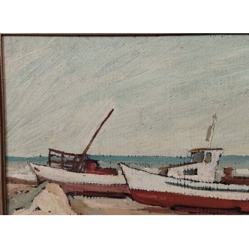 ANTICO QUADRO olio tela D. Binelli EPOCA 900 paesaggio MARINA BARCHE  PESCATORI