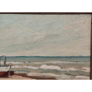 ANTICO QUADRO olio tela D. Binelli EPOCA 900 paesaggio MARINA BARCHE  PESCATORI