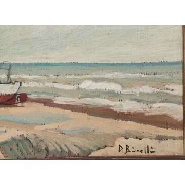ANTICO QUADRO olio tela D. Binelli EPOCA 900 paesaggio MARINA BARCHE  PESCATORI