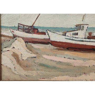 ANTICO QUADRO olio tela D. Binelli EPOCA 900 paesaggio MARINA BARCHE  PESCATORI