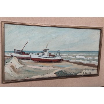 ANTICO QUADRO olio tela D. Binelli EPOCA 900 paesaggio MARINA BARCHE  PESCATORI