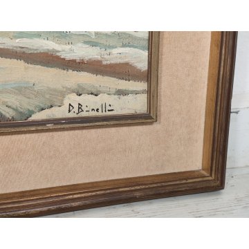 ANTICO QUADRO olio tela D. Binelli EPOCA 900 paesaggio MARINA BARCHE  PESCATORI