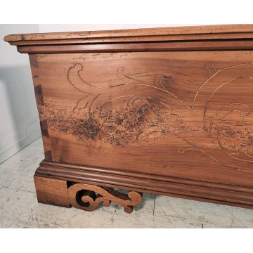 ANTICA CASSAPANCA INTARSIATA legno NOCE epoca 1800 con segreto OLD WOOD CHEST