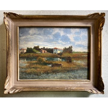 ANTICO DIPINTO OLIO Giovanni Cavanna PAESAGGIO LACUSTRE PIANURA BARCA CASALI