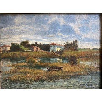 ANTICO DIPINTO OLIO Giovanni Cavanna PAESAGGIO LACUSTRE PIANURA BARCA CASALI