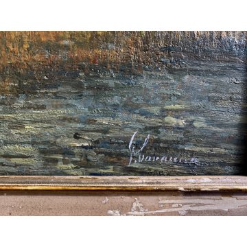 ANTICO DIPINTO OLIO Giovanni Cavanna PAESAGGIO LACUSTRE PIANURA BARCA CASALI