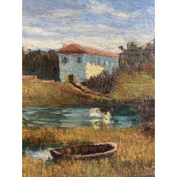 ANTICO DIPINTO OLIO Giovanni Cavanna PAESAGGIO LACUSTRE PIANURA BARCA CASALI