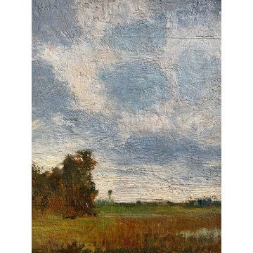 ANTICO DIPINTO OLIO Giovanni Cavanna PAESAGGIO LACUSTRE PIANURA BARCA CASALI