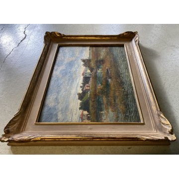 ANTICO DIPINTO OLIO Giovanni Cavanna PAESAGGIO LACUSTRE PIANURA BARCA CASALI