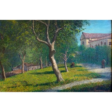 GRANDE DIPINTO OLIO G. Cavanna TORTONA PAESAGGIO SCENA RURALE CAMPAGNA CONTADINO