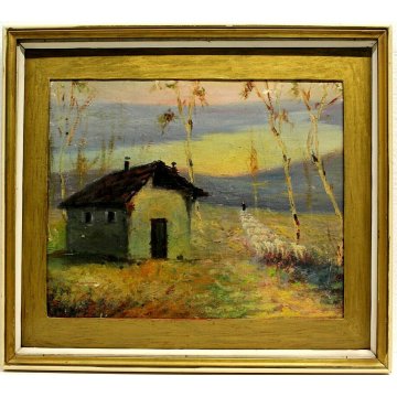 ANTICO DIPINTO Belloni ? PAESAGGIO COLLI PASCOLO PECORE ALBA LAGO MAGGIORE '900