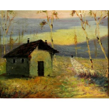 ANTICO DIPINTO Belloni ? PAESAGGIO COLLI PASCOLO PECORE ALBA LAGO MAGGIORE '900