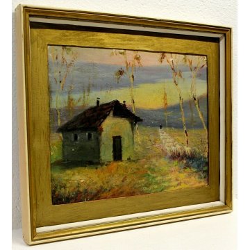 ANTICO DIPINTO Belloni ? PAESAGGIO COLLI PASCOLO PECORE ALBA LAGO MAGGIORE '900