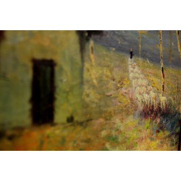 ANTICO DIPINTO Belloni ? PAESAGGIO COLLI PASCOLO PECORE ALBA LAGO MAGGIORE '900