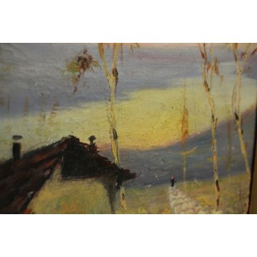 ANTICO DIPINTO Belloni ? PAESAGGIO COLLI PASCOLO PECORE ALBA LAGO MAGGIORE '900